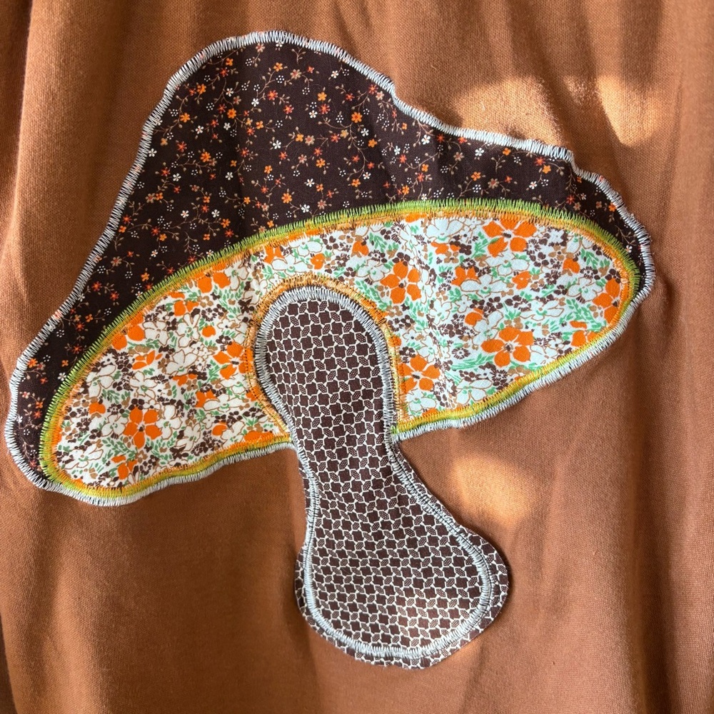 Handmade mushroom bell sleeve shirt M/L brown and green